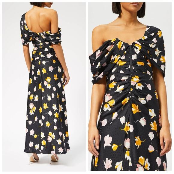 Self-Portrait Floral Off the Shoulder Ruched Corset Satin Slit Maxi Dress Black - Picture 1 of 11